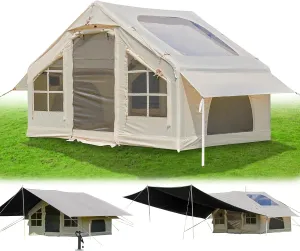 Inflatable Camping Tent, 2/4/6/8 Person Glamping Inflatable Tents for Camping, 2025 Update Zipper Door Easy Setup Blow Up Tents Big House with Rainfly&Mosquito Screen, 4 Season