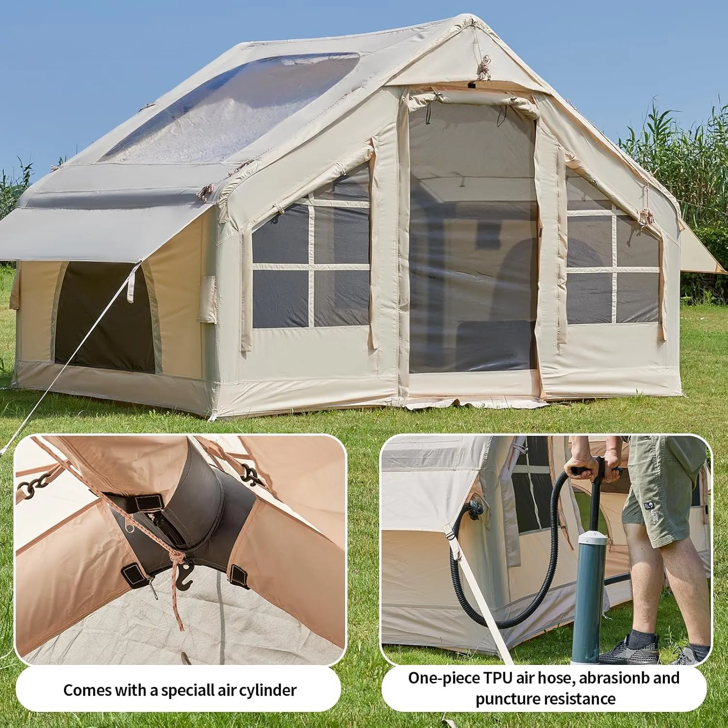 Inflatable Camping Tent, 2/4/6/8 Person Glamping Inflatable Tents for Camping, 2025 Update Zipper Door Easy Setup Blow Up Tents Big House with Rainfly&Mosquito Screen, 4 Season