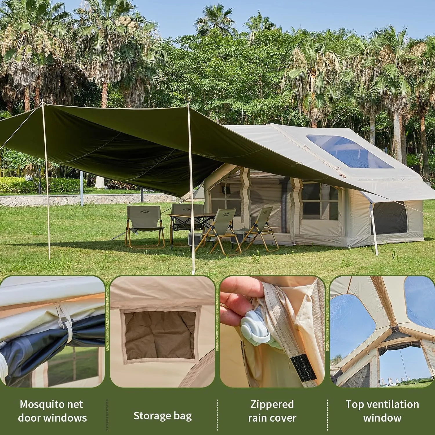 Inflatable Camping Tent, 2/4/6/8 Person Glamping Inflatable Tents for Camping, 2025 Update Zipper Door Easy Setup Blow Up Tents Big House with Rainfly&Mosquito Screen, 4 Season