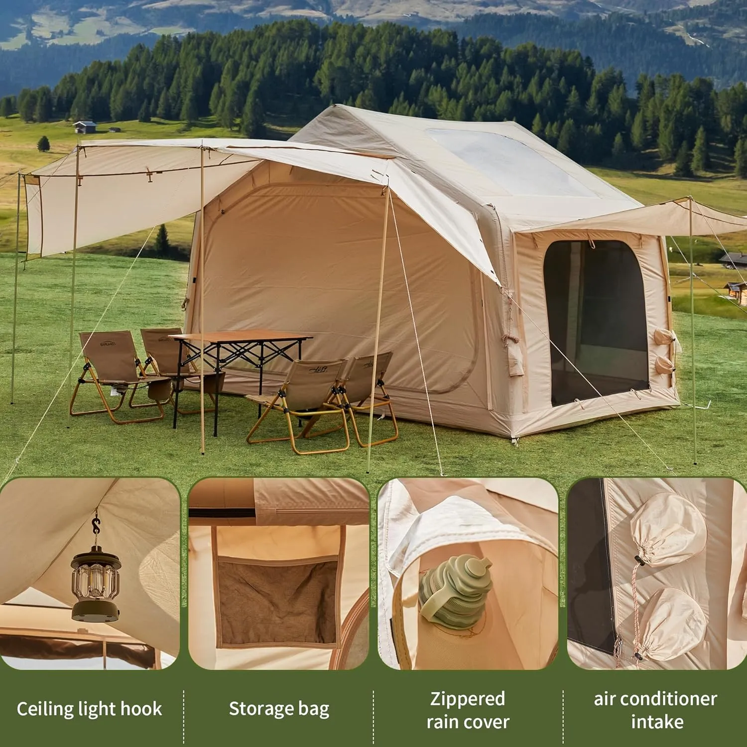 Inflatable Camping Tent, 2/4/6/8 Person Glamping Inflatable Tents for Camping, 2025 Update Zipper Door Easy Setup Blow Up Tents Big House with Rainfly&Mosquito Screen, 4 Season