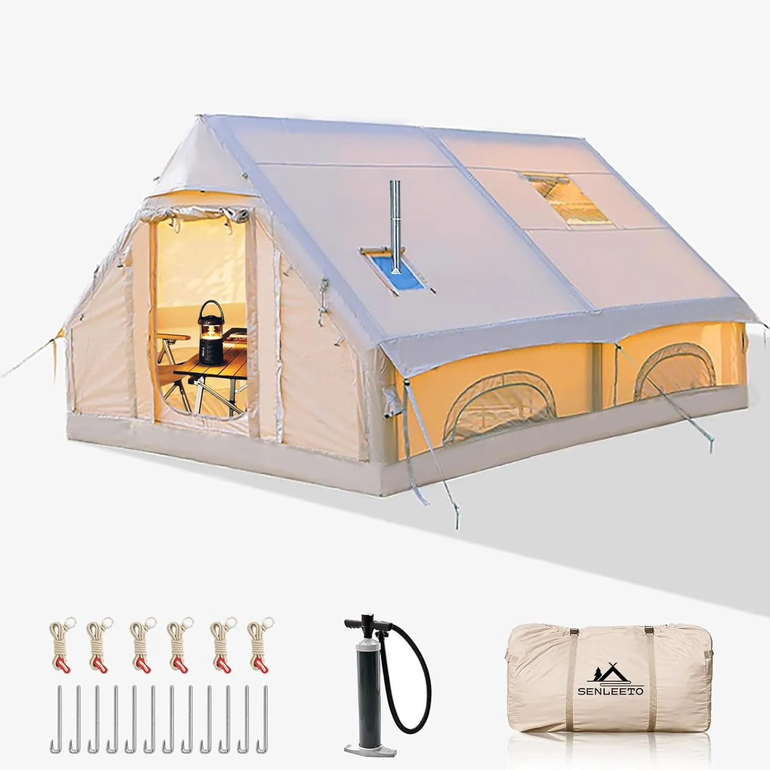 Inflatable Camping Tents 8-10 Person,129 Square Feets Large Inflatable Camping Tent with Stove Jack,Blow up Tent with Mesh Windows & Pump,Easy Setup 4 Season Glamping Tents Waterproof