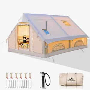 Inflatable Camping Tents 8-10 Person,129 Square Feets Large Inflatable Camping Tent with Stove Jack,Blow up Tent with Mesh Windows & Pump,Easy Setup 4 Season Glamping Tents Waterproof