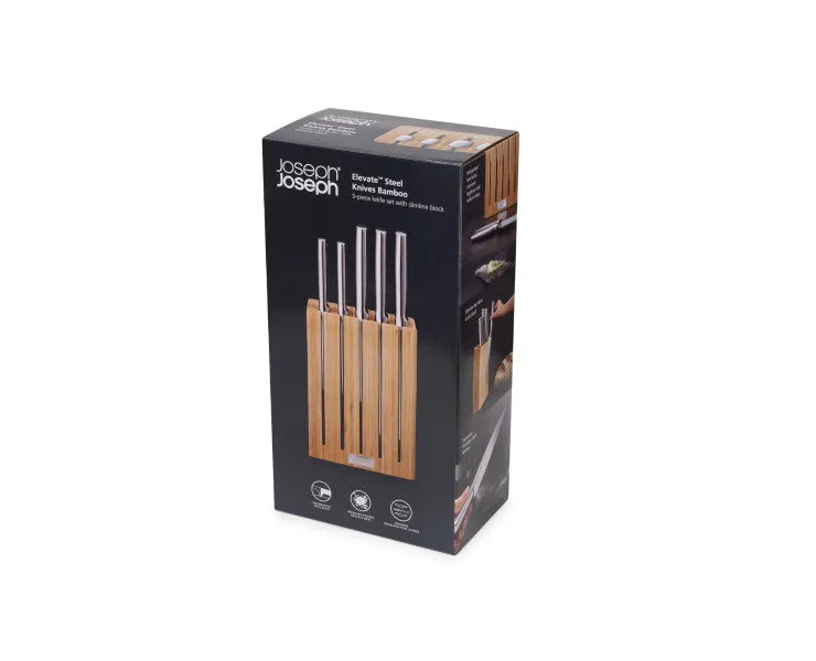 Joseph Joseph Elevate Steel Knives Bamboo Block Set - 5 Piece (9cm Paring Knife, 11cm Serrated Knife, 14cm Santoku Knife, 20cm Chef’S Knife, 20cm Bread Knife)