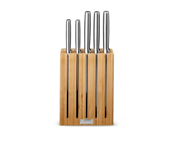 Joseph Joseph Elevate Steel Knives Bamboo Block Set - 5 Piece (9cm Paring Knife, 11cm Serrated Knife, 14cm Santoku Knife, 20cm Chef’S Knife, 20cm Bread Knife)