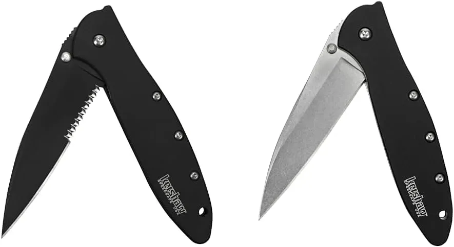 Kershaw Leek Black Serrated EDC Pocketknife, 3" Sandvik 14C28N Steel Blade, Assisted Opening Folding Knife & Leek Black Stonewash EDC Pocketknife, 3" Sandvik 14C28N Steel Blade