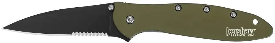 Kershaw Leek Serrated Folding Pocket Knife - SpeedSafe Assisted Opening - BlackWash Partially Serrated Blade - Olive Handle - 1660OLBWST