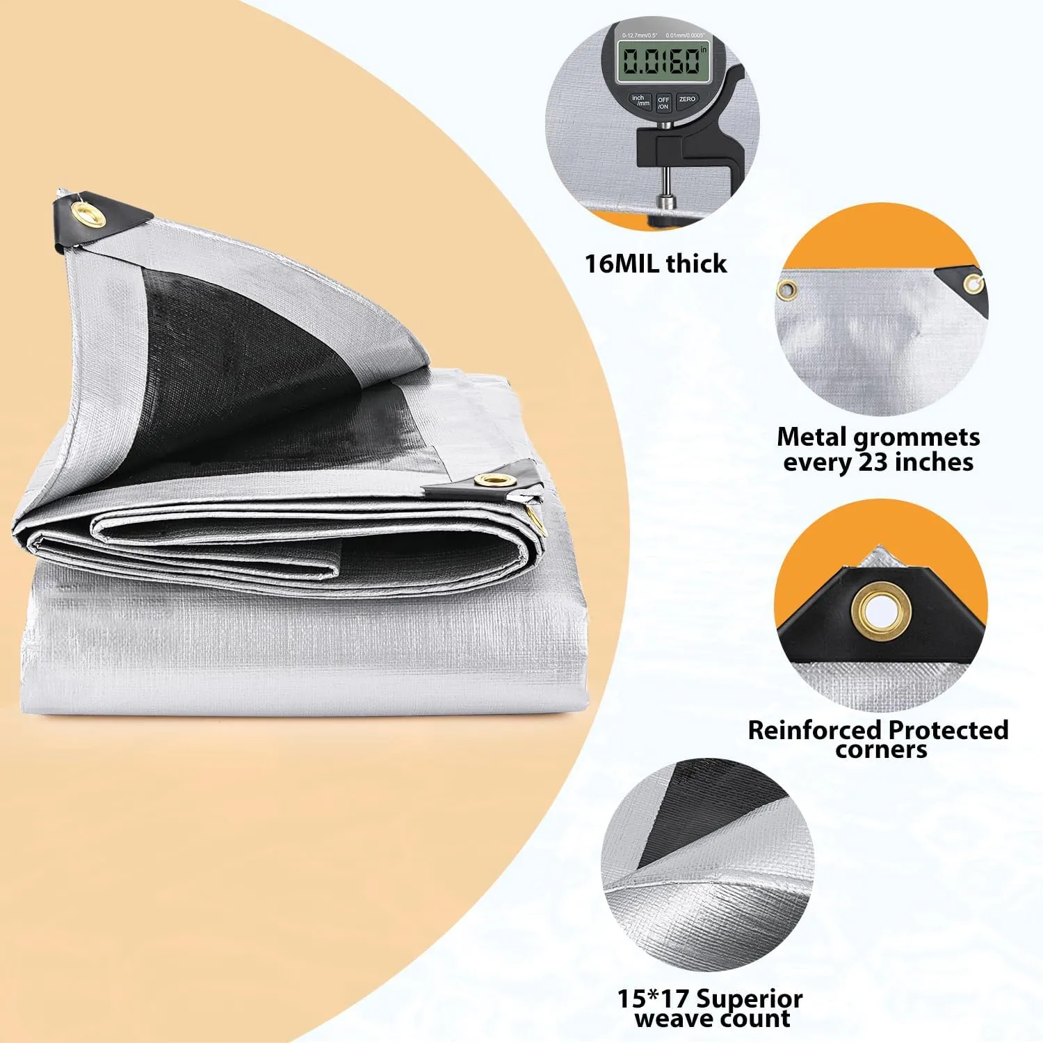 Keten Tarps Heavy Duty Waterproof 12X16 Feet, Extra Thick 16 Mil, Tear & Fade Resistant, 100% UV Blocking, Outdoor Tarp with Reinforced Grommets for Roof, Camping, Patio, Pool, Boat(Silver/Black)