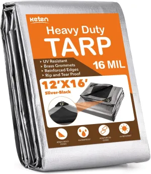 Keten Tarps Heavy Duty Waterproof 12X16 Feet, Extra Thick 16 Mil, Tear & Fade Resistant, 100% UV Blocking, Outdoor Tarp with Reinforced Grommets for Roof, Camping, Patio, Pool, Boat(Silver/Black)