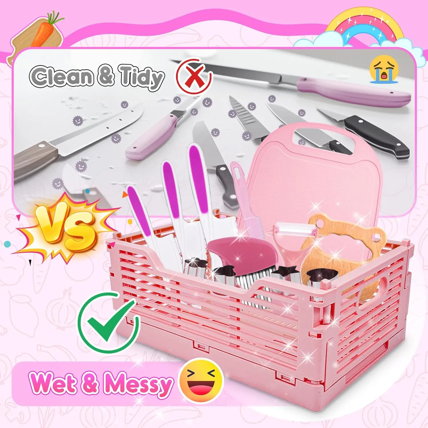 Kids Kitchen Knife Set for Real Cooking & Basket, Easter Basket Stuffers Gifts for Kids,Montessori Toys for 3 4 5 6 7 8 9 10 Year Old Girls Birthday Gifts, Toddler Knife Set, Toddler Kitchen Tools