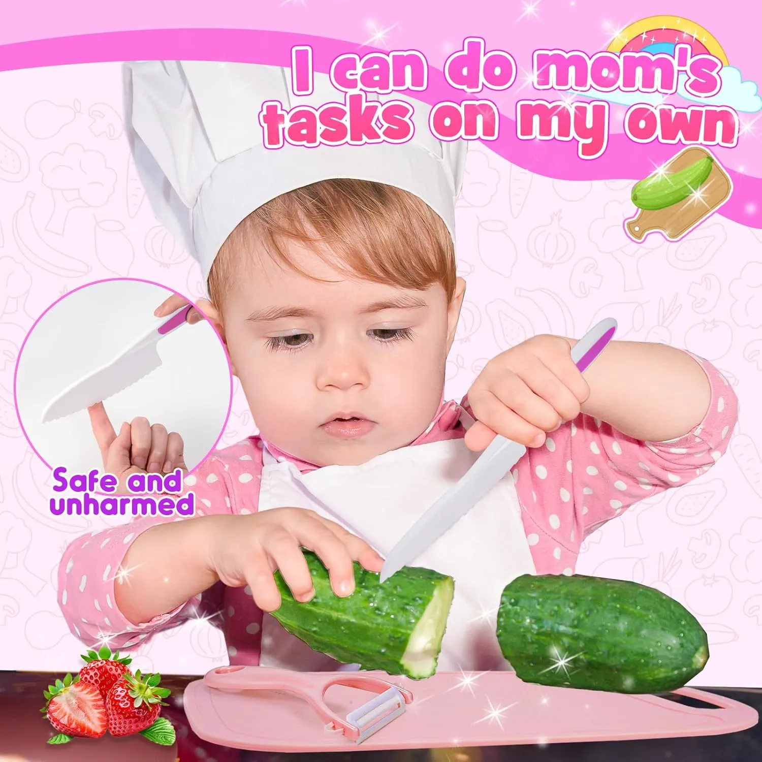 Kids Kitchen Knife Set for Real Cooking & Basket, Easter Basket Stuffers Gifts for Kids,Montessori Toys for 3 4 5 6 7 8 9 10 Year Old Girls Birthday Gifts, Toddler Knife Set, Toddler Kitchen Tools