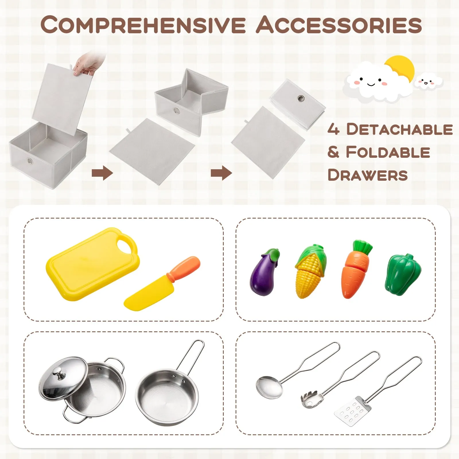 Kids Kitchen Playset with Cooking Accessories and Toy Cuttable Veggies-White