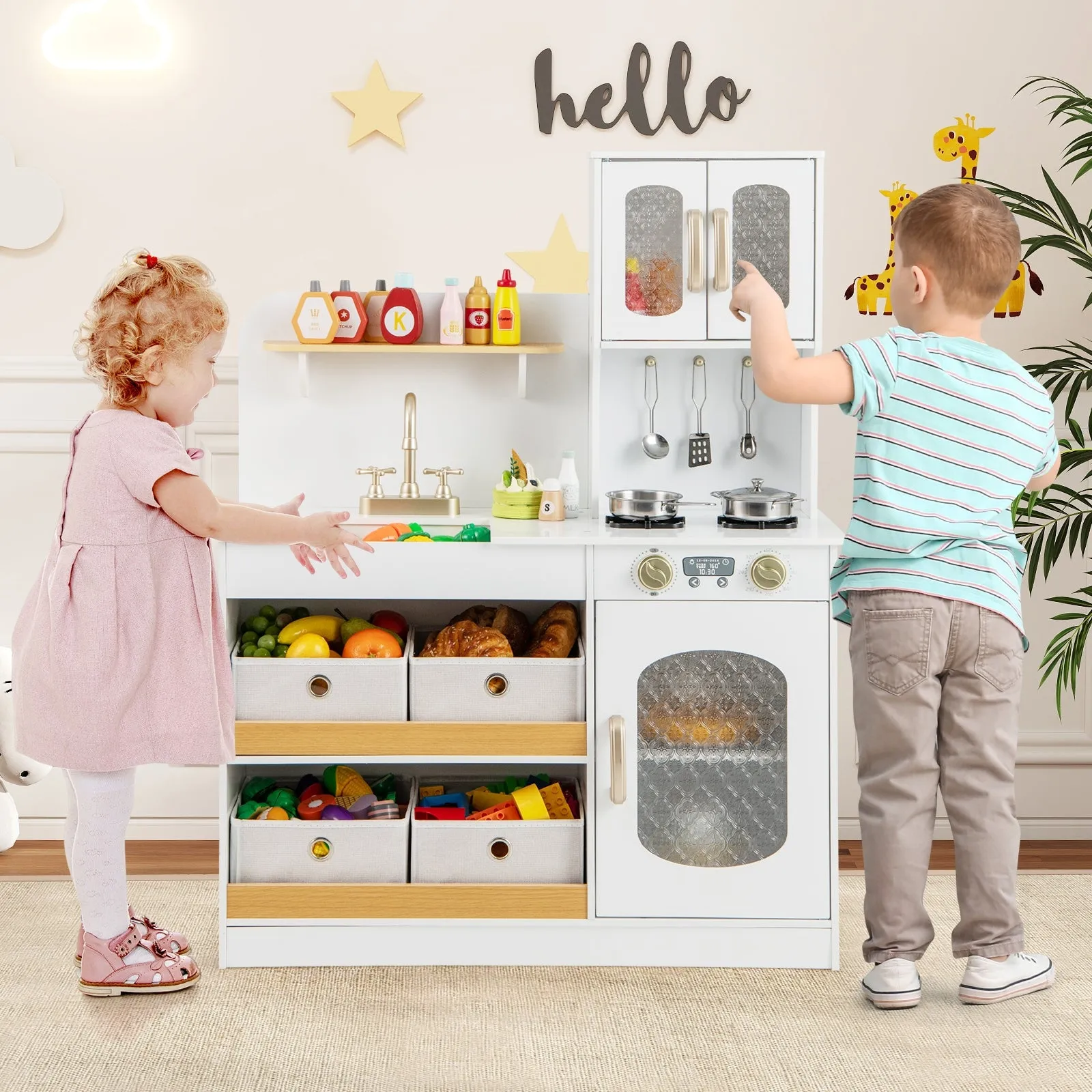 Kids Kitchen Playset with Cooking Accessories and Toy Cuttable Veggies-White