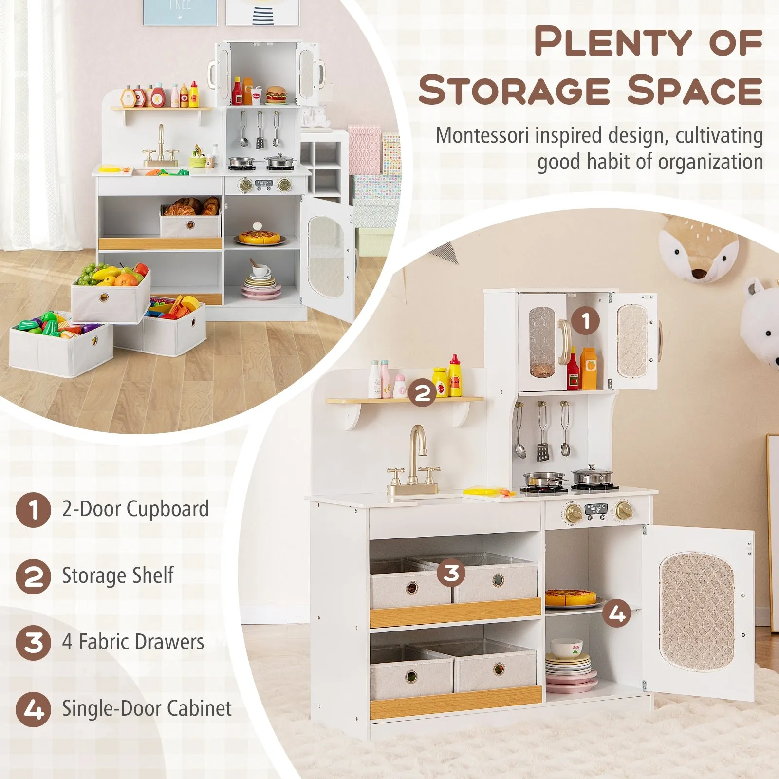 Kids Kitchen Playset with Cooking Accessories and Toy Cuttable Veggies-White