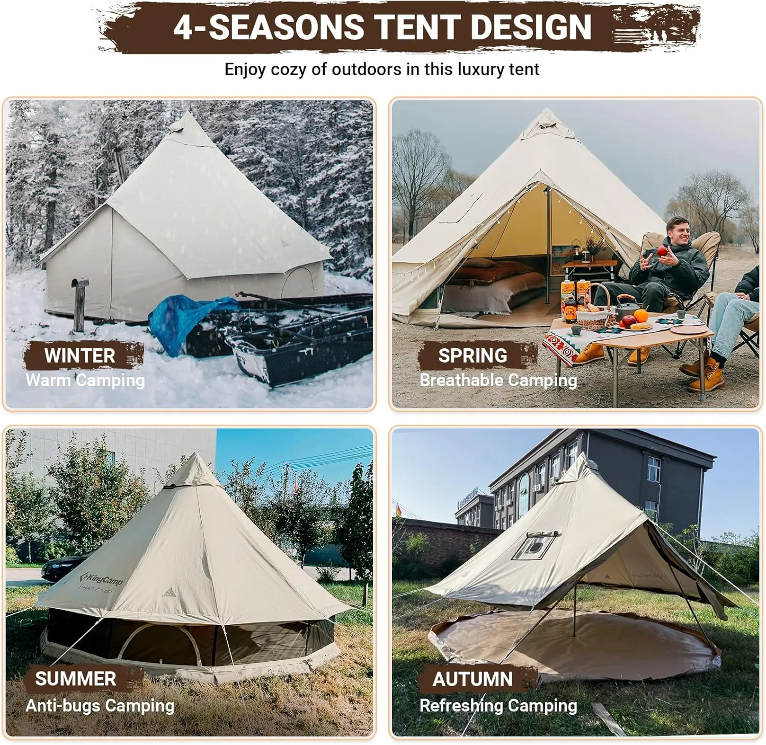 KingCamp Canvas Bell Yurt Tents, 4 Seasons Large Waterproof & Windproof Luxury Glamping Tent w/Stove Jack for Family Outdoor Camping, Hunting, Parties