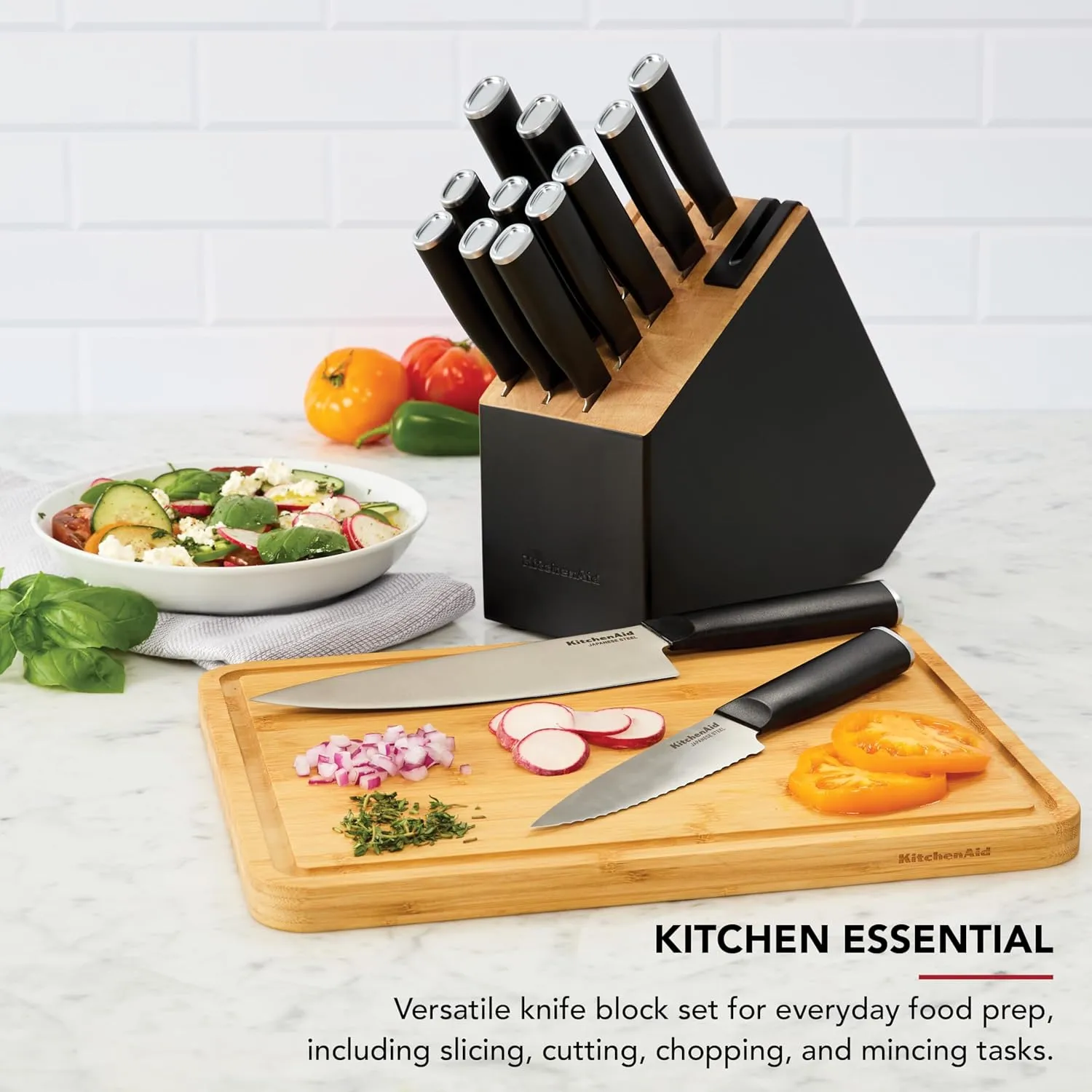 KitchenAid Classic Slim Knife Block Set with Built-In Knife Sharpener, High Carbon Stainless Steel Kitchen Knives, Sharp Kitchen Knife Set with Block, Black, 14 Piece