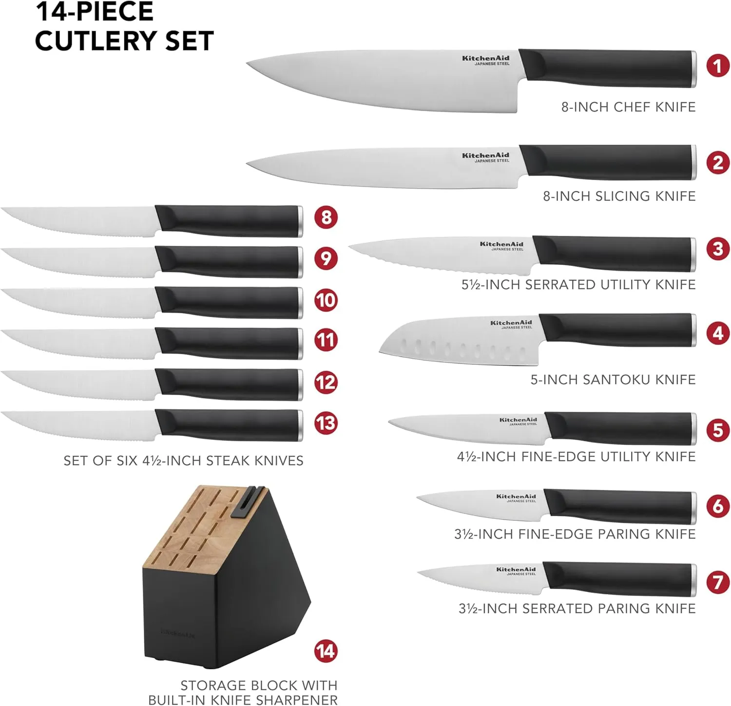 KitchenAid Classic Slim Knife Block Set with Built-In Knife Sharpener, High Carbon Stainless Steel Kitchen Knives, Sharp Kitchen Knife Set with Block, Black, 14 Piece
