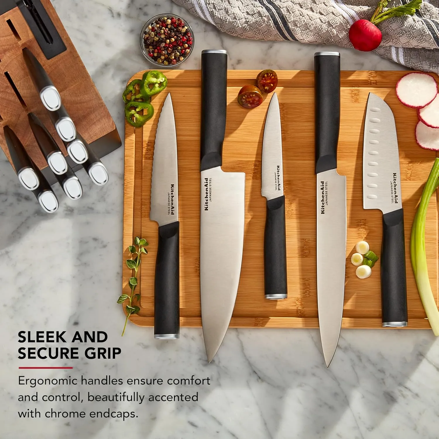 KitchenAid Classic Slim Knife Block Set with Built-In Knife Sharpener, High Carbon Stainless Steel Kitchen Knives, Sharp Kitchen Knife Set with Block, Black, 14 Piece