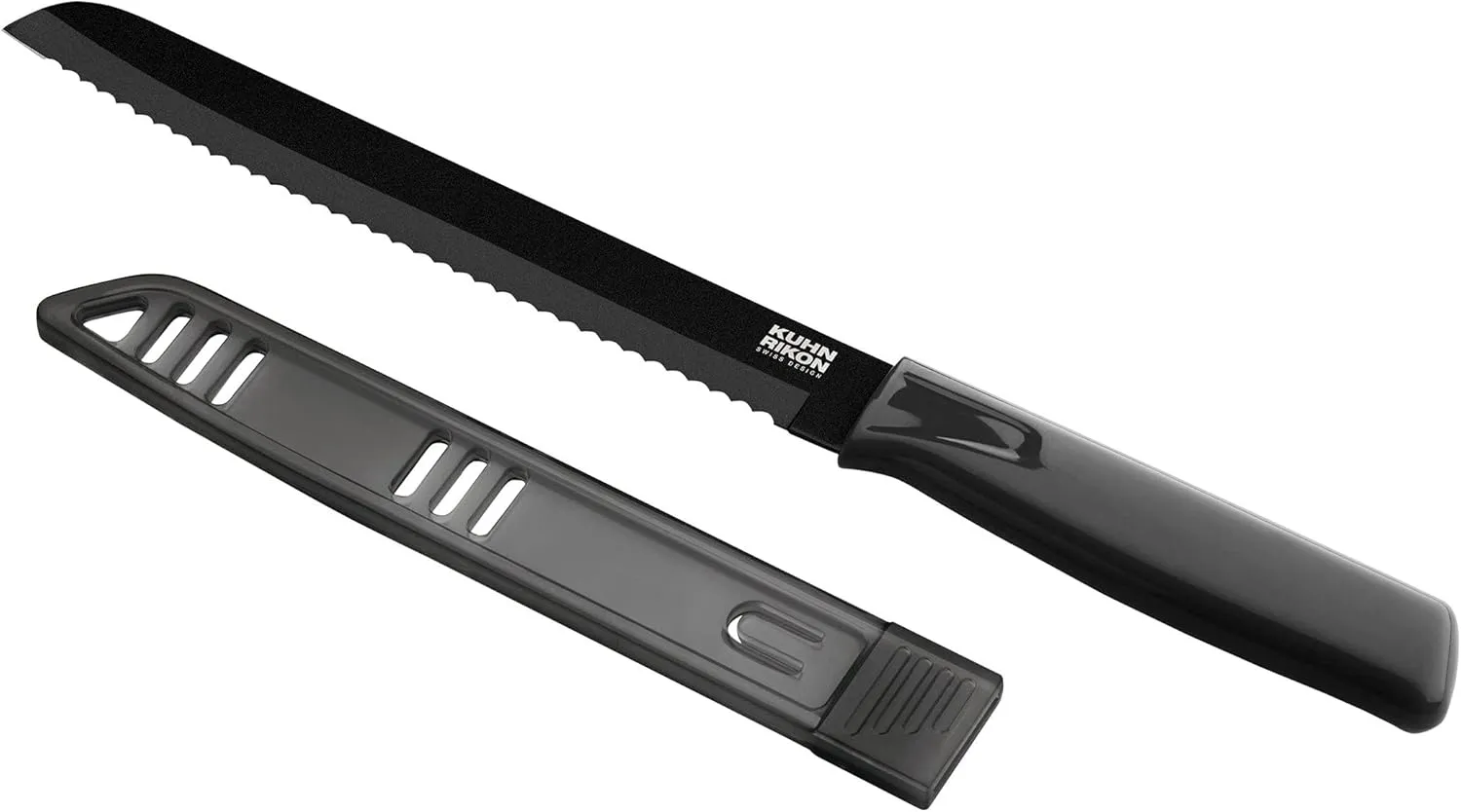 Kuhn Rikon COLORI Non-Stick Bread Knife with Safety Sheath, 7 inch/17.78 cm Blade, Black