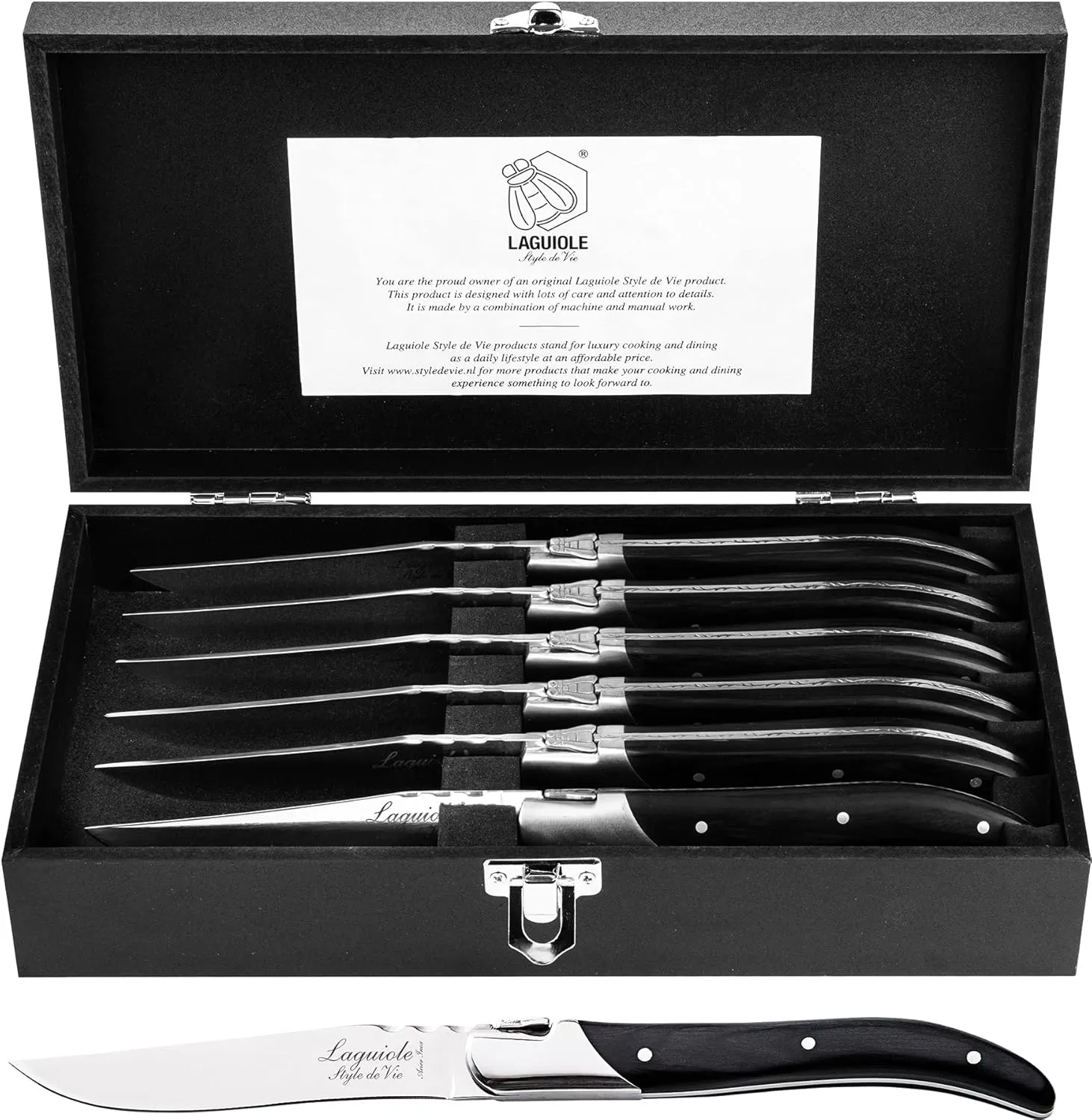 Laguiole Style de Vie Steak Knives, Luxury Line, 6 pieces, Ebony wood, in giftbox