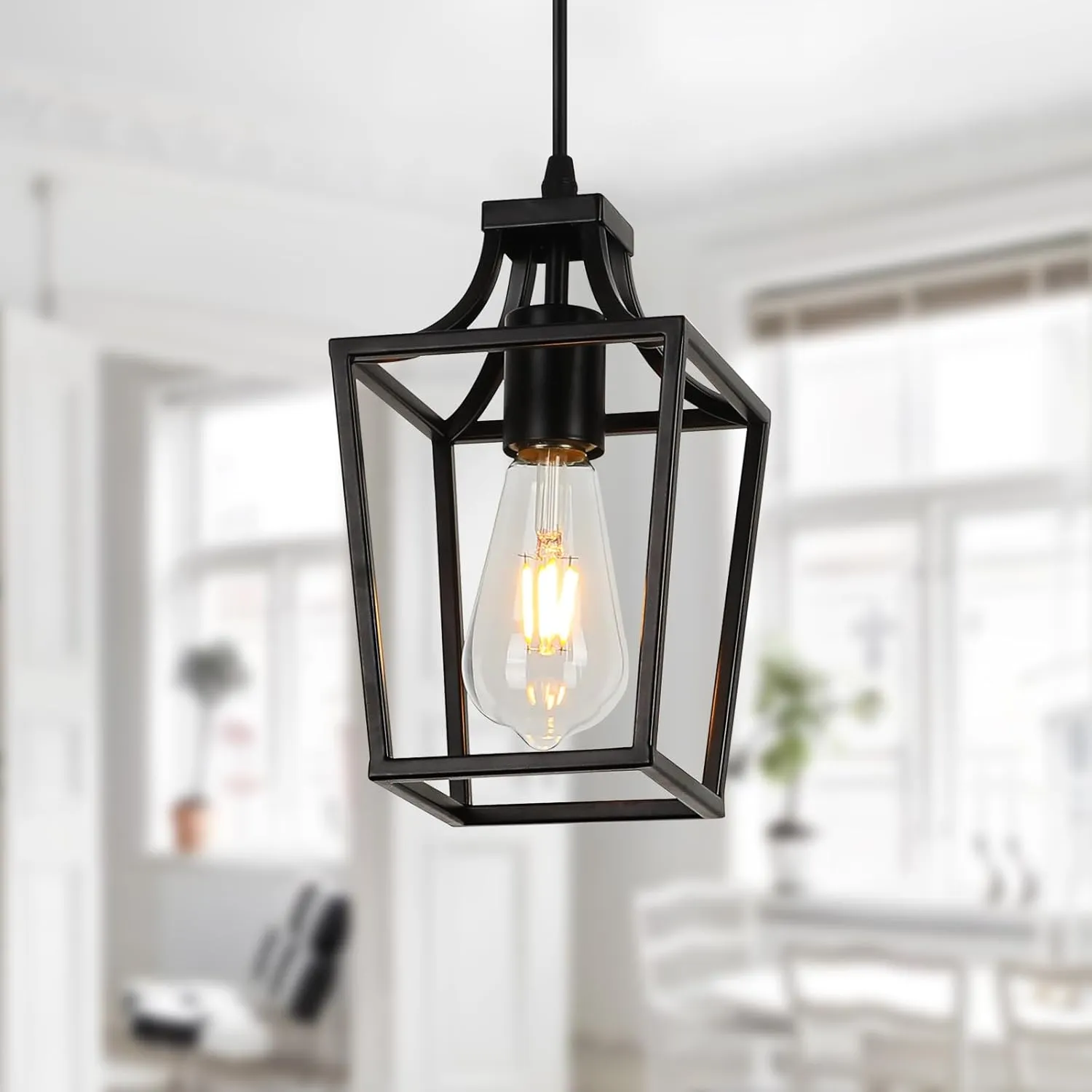 Lantern Pendant Light Black Pendant Lights for Kitchen Island Mini Pendant Light Fixture, Adjustable Wire Farmhouse Pendant Lighting for Dining Room Kitchen Foyer Hallway Bedroom