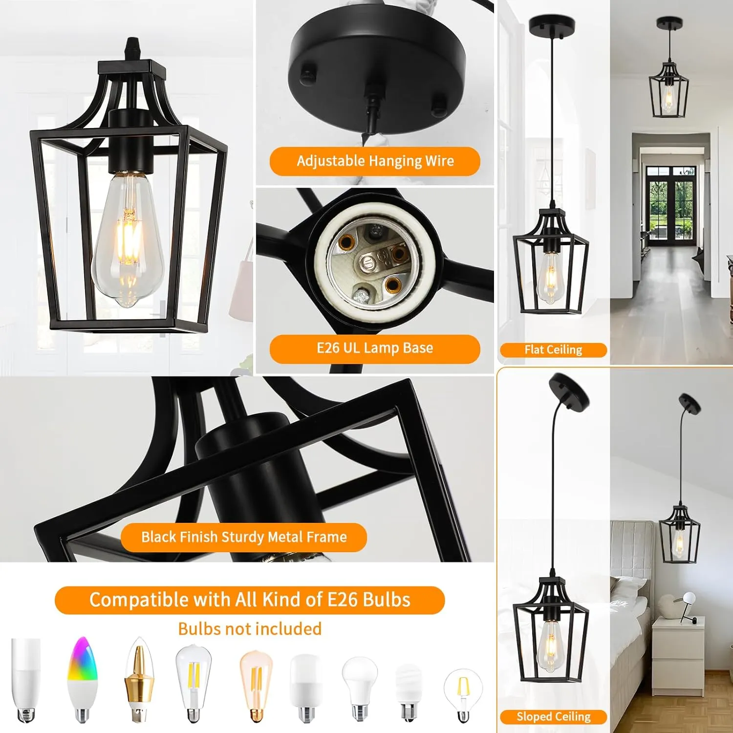 Lantern Pendant Light Black Pendant Lights for Kitchen Island Mini Pendant Light Fixture, Adjustable Wire Farmhouse Pendant Lighting for Dining Room Kitchen Foyer Hallway Bedroom