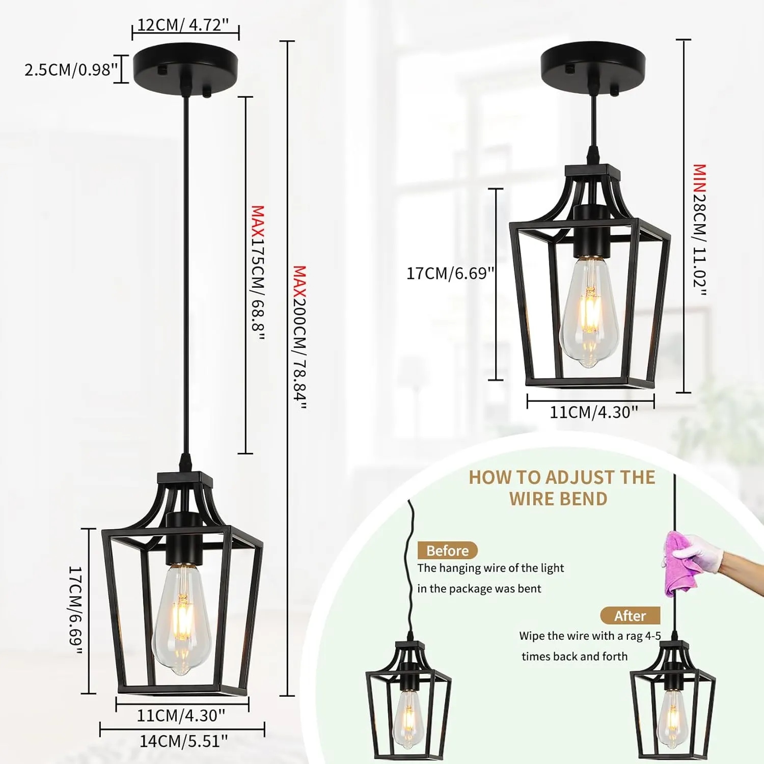Lantern Pendant Light Black Pendant Lights for Kitchen Island Mini Pendant Light Fixture, Adjustable Wire Farmhouse Pendant Lighting for Dining Room Kitchen Foyer Hallway Bedroom
