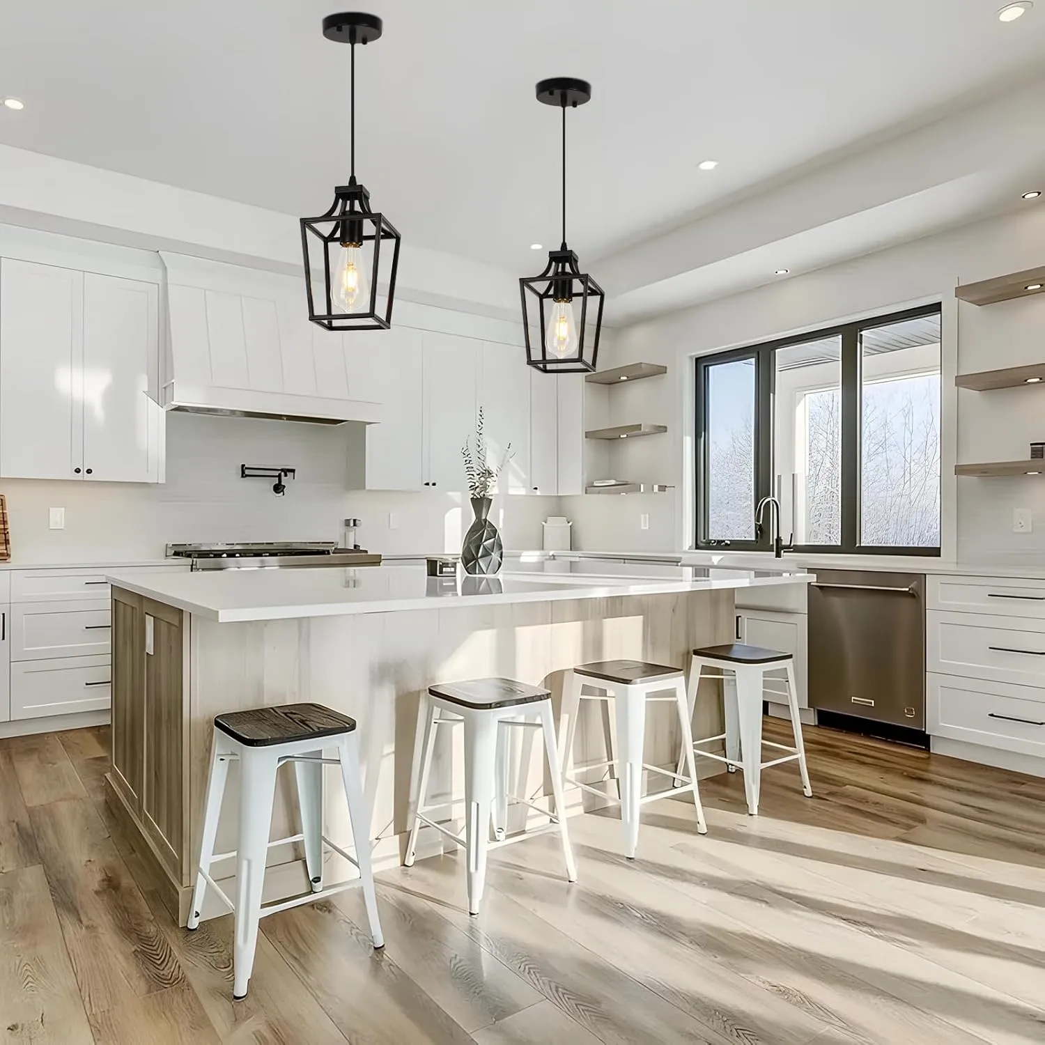 Lantern Pendant Light Black Pendant Lights for Kitchen Island Mini Pendant Light Fixture, Adjustable Wire Farmhouse Pendant Lighting for Dining Room Kitchen Foyer Hallway Bedroom