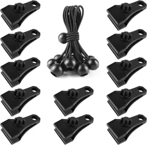 Large Tarp Clips Heavy Duty Lock Grip 12 PCs Tarp Clamps Thumb Screw Tent Fasteners Clips with 12 PCs Ball Bungee Cords for Camping Awnings Caravan Canopies Car Swimming Pool Boat Cover Clips etc
