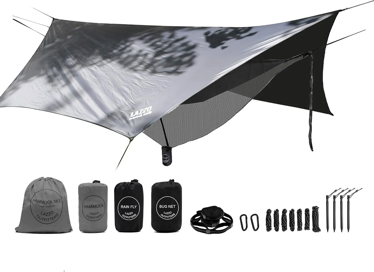 LAZZO Double Camping Hammock | Bundle Includes Net, Tarp, Tree Straps, Backpack | Weighs 4 Pounds, Perfect for Hammock Camping,Backpacking，Hiking | Lightweight Nylon