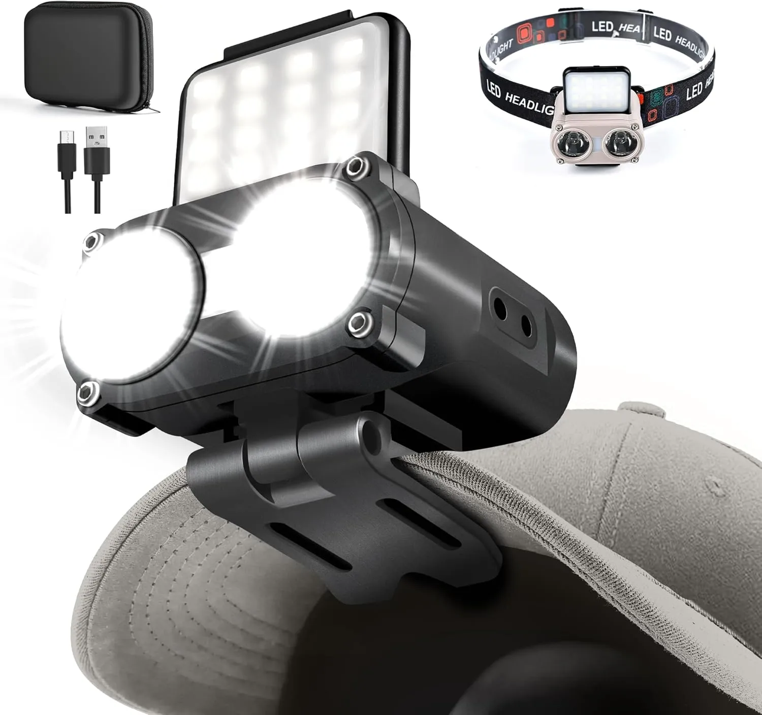 LED Hard Hat Light, 800Lumens Rechargeable Dimmable Clip on Cap Lights, 180°Adjustable Hands Free Hat Flashlight Headlamp Waterproof for Running, Camping, Hunting, Cycling (Black)