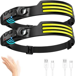 LED Headlamp Rechargeable (2 PCS), 230° Wide Beam Head Lamp with Motion Sensor, Waterproof Head Light Flashlight for Hiking, Running, Repairing, Fishing Cycling (Black 4)