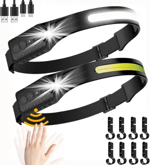 Led Headlamp Rechargeable, Headlight Headband Light Lumen with Red Motion Sensor Battery Powered, 230° Wide Beam Super Bright Head Lights for Forehead, Running Headlamp for Camping, Working(2Pack)