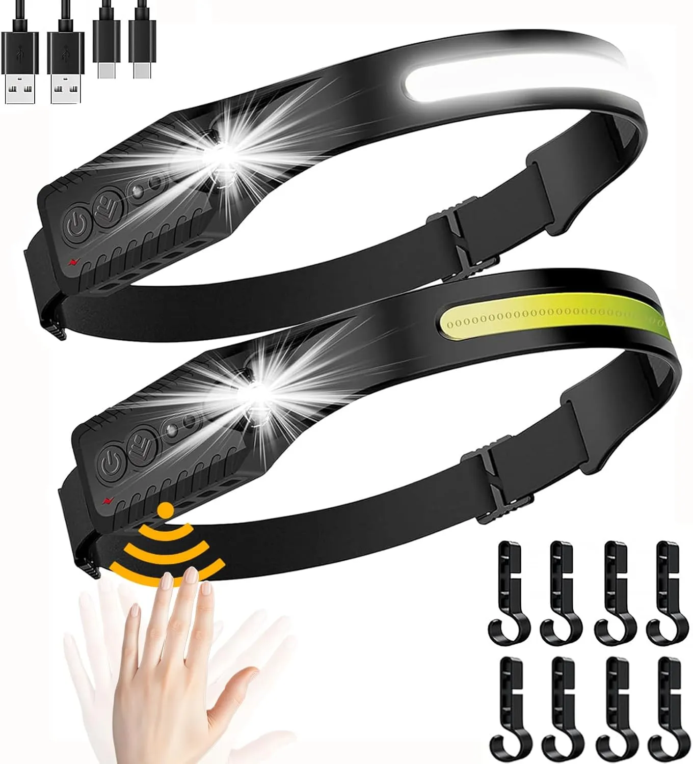 Led Headlamp Rechargeable, Headlight Headband Light Lumen with Red Motion Sensor Battery Powered, 230° Wide Beam Super Bright Head Lights for Forehead, Running Headlamp for Camping, Working(2Pack)