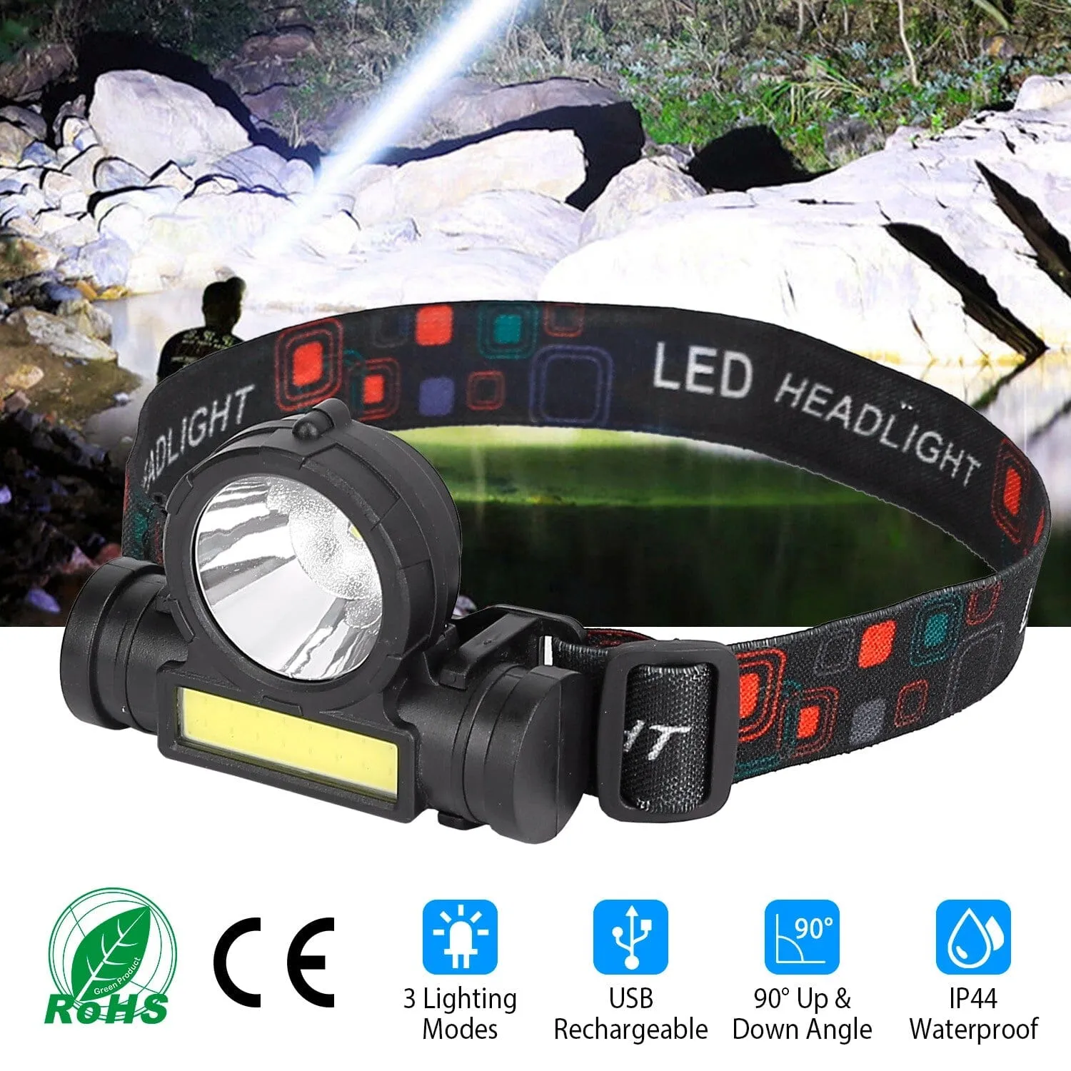 LED Headlight Super Bright Head Torch with 3 Lighting Modes