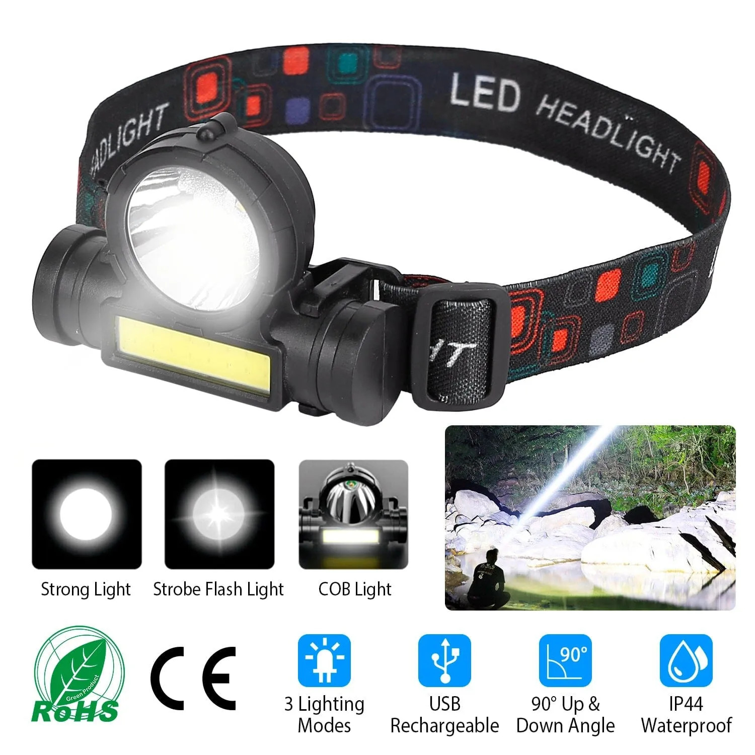 LED Headlight Super Bright Head Torch with 3 Lighting Modes