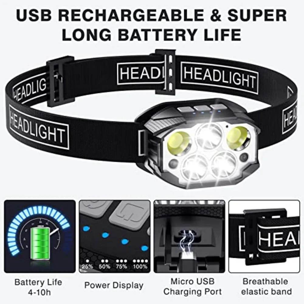 LED Rechargeable Headlamp 1200 Lumen Waterproof Motion Sensor Light for Camping & Fishing