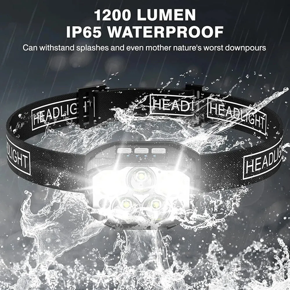 LED Rechargeable Headlamp 1200 Lumen Waterproof Motion Sensor Light for Camping & Fishing