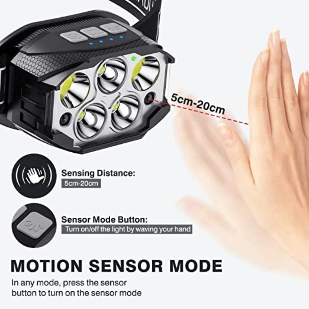 LED Rechargeable Headlamp 1200 Lumen Waterproof Motion Sensor Light for Camping & Fishing