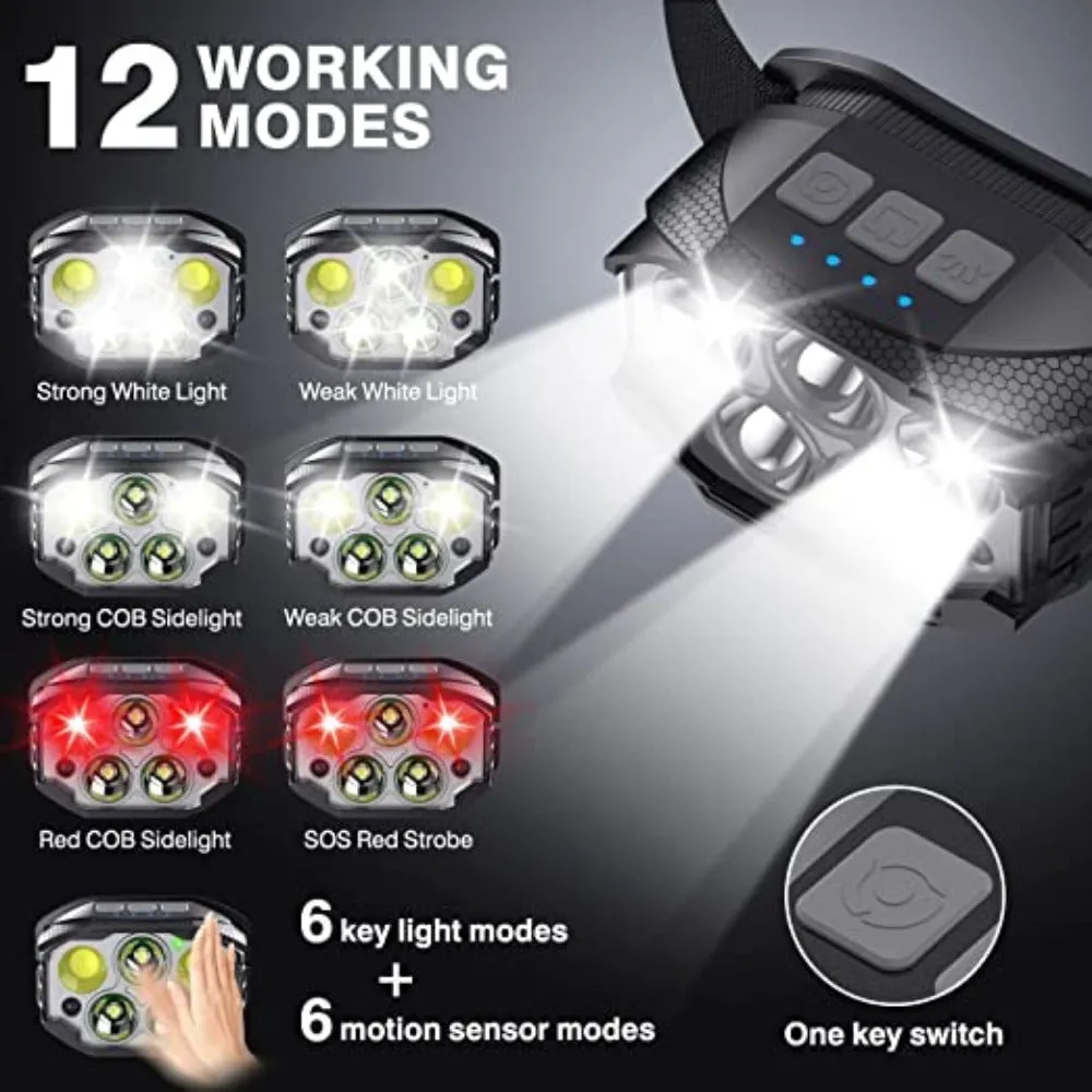 LED Rechargeable Headlamp 1200 Lumen Waterproof Motion Sensor Light for Camping & Fishing