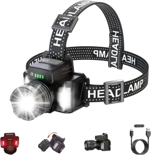 LED Rechargeable Headlamp for Adults,High Lumens Headlight with Motion Sensor,90°Adjustable Super Bright Head lamp Waterproof Zoomable Head Flashlight for Outdoor Hiking Camping Hunting