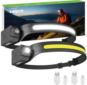 Lepro LED Headlamp Rechargeable - Super Bright Motion Sensor Head lamp with 1200 mAh Battery, 230°COB Wide Beam & Adjustable Spotlight, IP44 Waterproof Headlight for Camping, Hiking, Running, 2 Pack