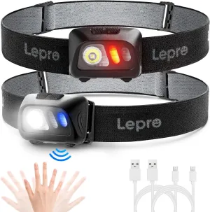 Lepro PR320017-a-2 Rechargeable Headlamp with Motion Sensor - 1500Lux LED Head Lamp with Red Light for Outdoor Activities, 2 Pack