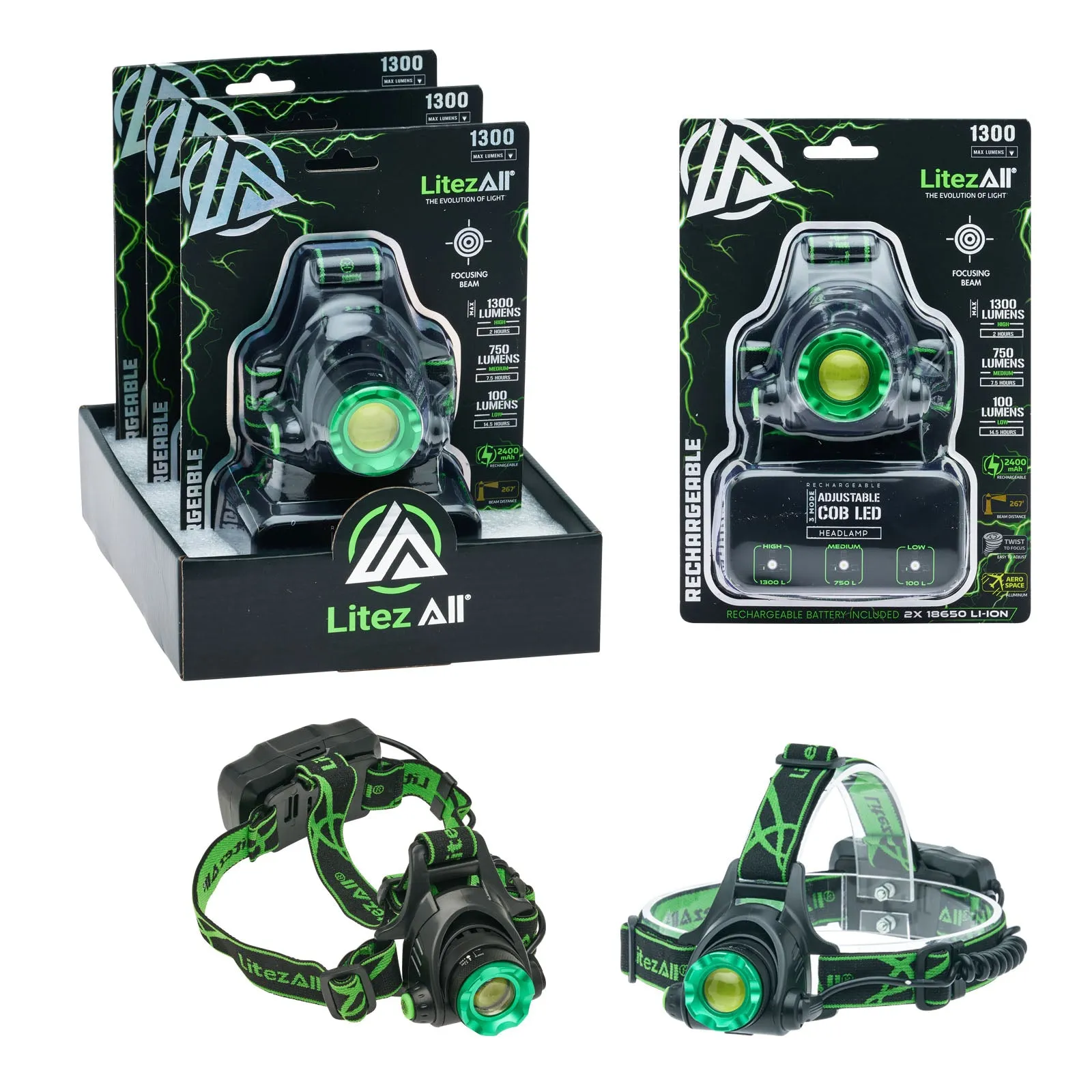 LitezAll Rechargeable 1300 Lumen Head Lamp