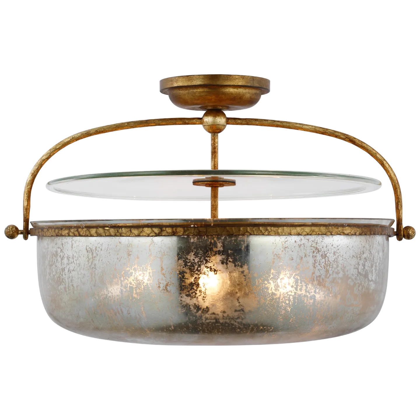 Lorford Large Semi-Flush Mount Lantern | Gilded Iron With Antique Mercury Glass