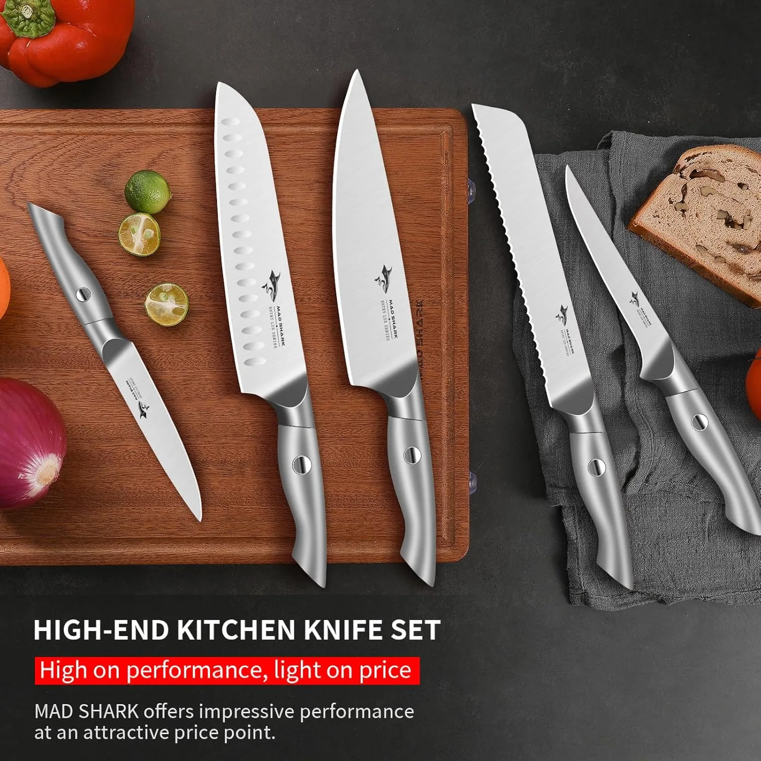 MAD SHARK Kitchen Knife Set, Razor Sharp Knife Set Dishwasher Safe, High Carbon Stainless Steel Knives Set for Kitchen, 5 Piece Chef Knife with Gift Box (5 IN 1)