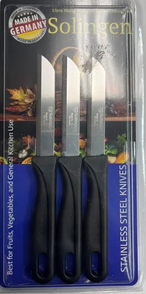 MADE IN SOLINGEN GERMANY STAINLESS STEEL KNIFE SET -PACK OF 3 (BLACK) -3.35" ULTRA SHARP SERRATED BLADE -IDEAL FOR KITCHEN/GENERAL USE, BREADS AND PRECISION FOOD CUTTING