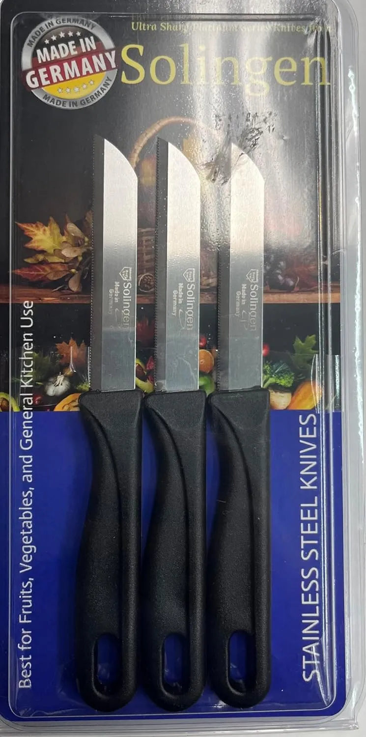 MADE IN SOLINGEN GERMANY STAINLESS STEEL KNIFE SET -PACK OF 3 (BLACK) -3.35" ULTRA SHARP SERRATED BLADE -IDEAL FOR KITCHEN/GENERAL USE, BREADS AND PRECISION FOOD CUTTING