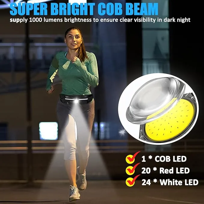 Minsk Running Lights, 1000Lumens Wearable Light Clip on Waist Belt, Super Bright COB Light with Adjustable Large Fanny Packet for Running, Walking, Hiking at Night(Waistlight)
