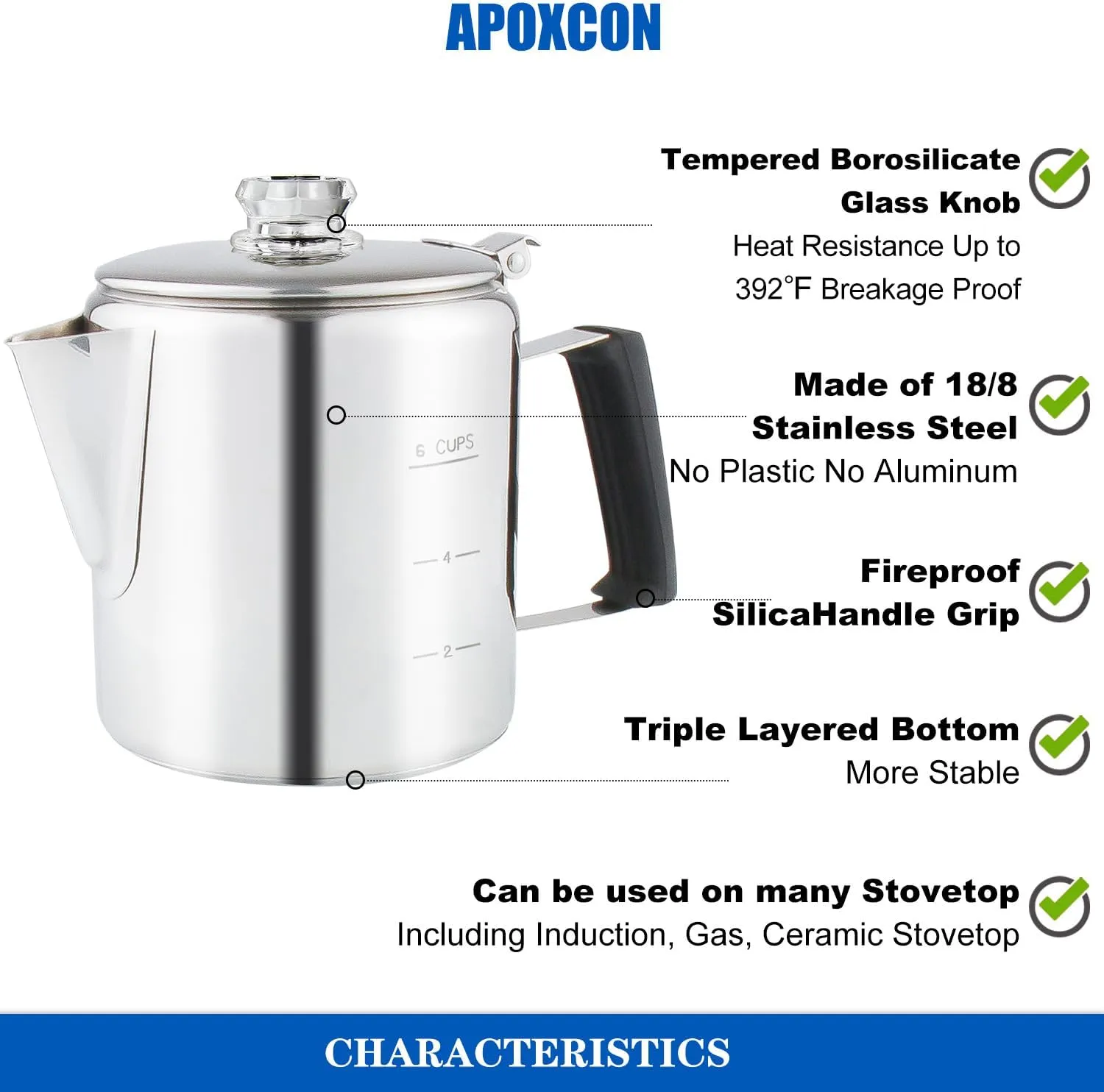 Multi Use Percolator Coffee Pot Stainless Steel Stove Top Coffee Maker with Two Tough Borosilicate Glass Knob Silica Handle Camping Coffee Pot Using on Campfire Stove & Induction Cooker Silver 6 Cup