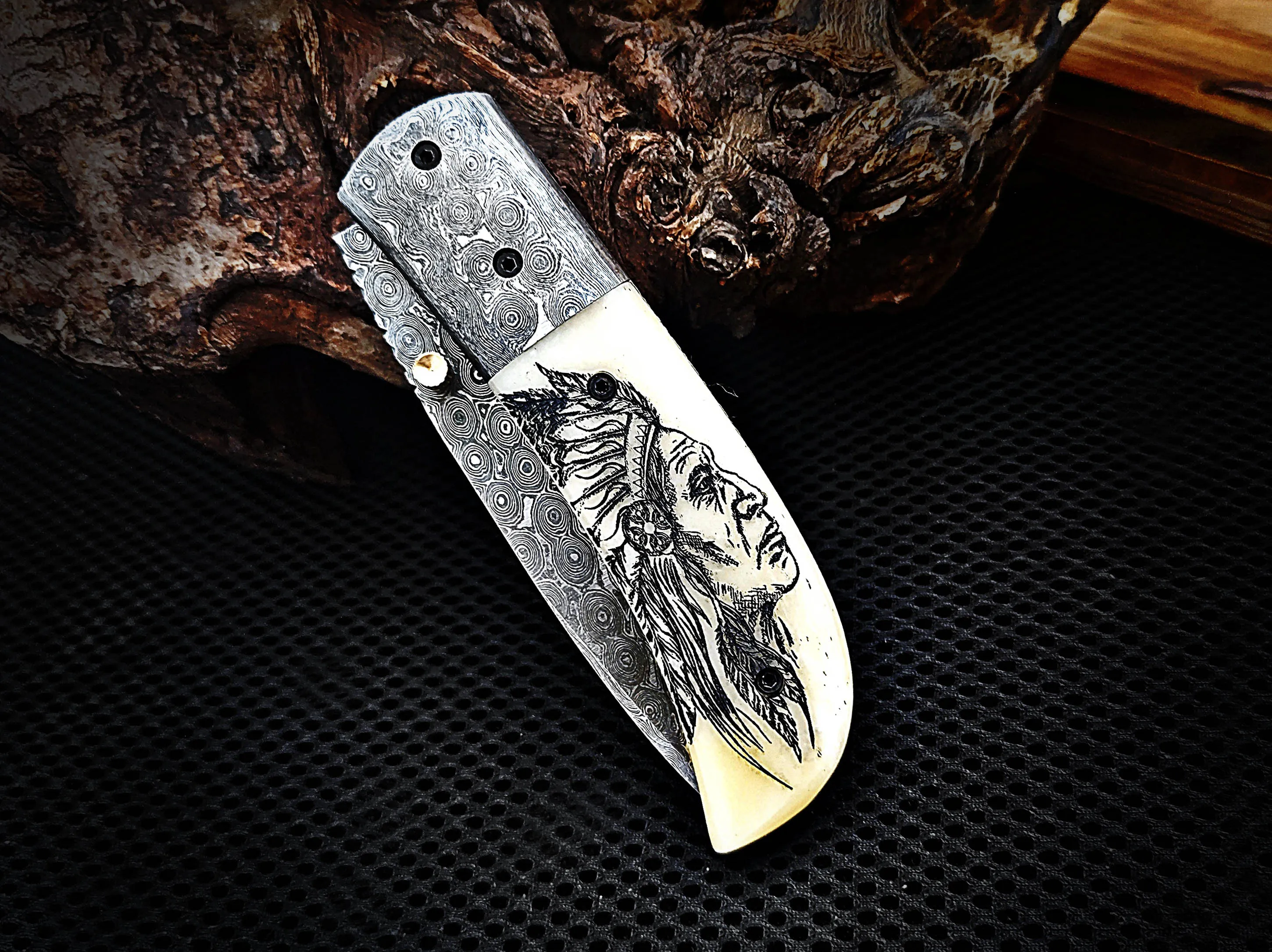 Native American Scrimshaw on Camel Bone Red Indian Folding Pocket Knife Drop Point with Damascus Bolster Custom Handcrafted Damascus Steel 7.50 inches with Leather Sheath Great Gift for Your Loved Ones CLKFOL1115